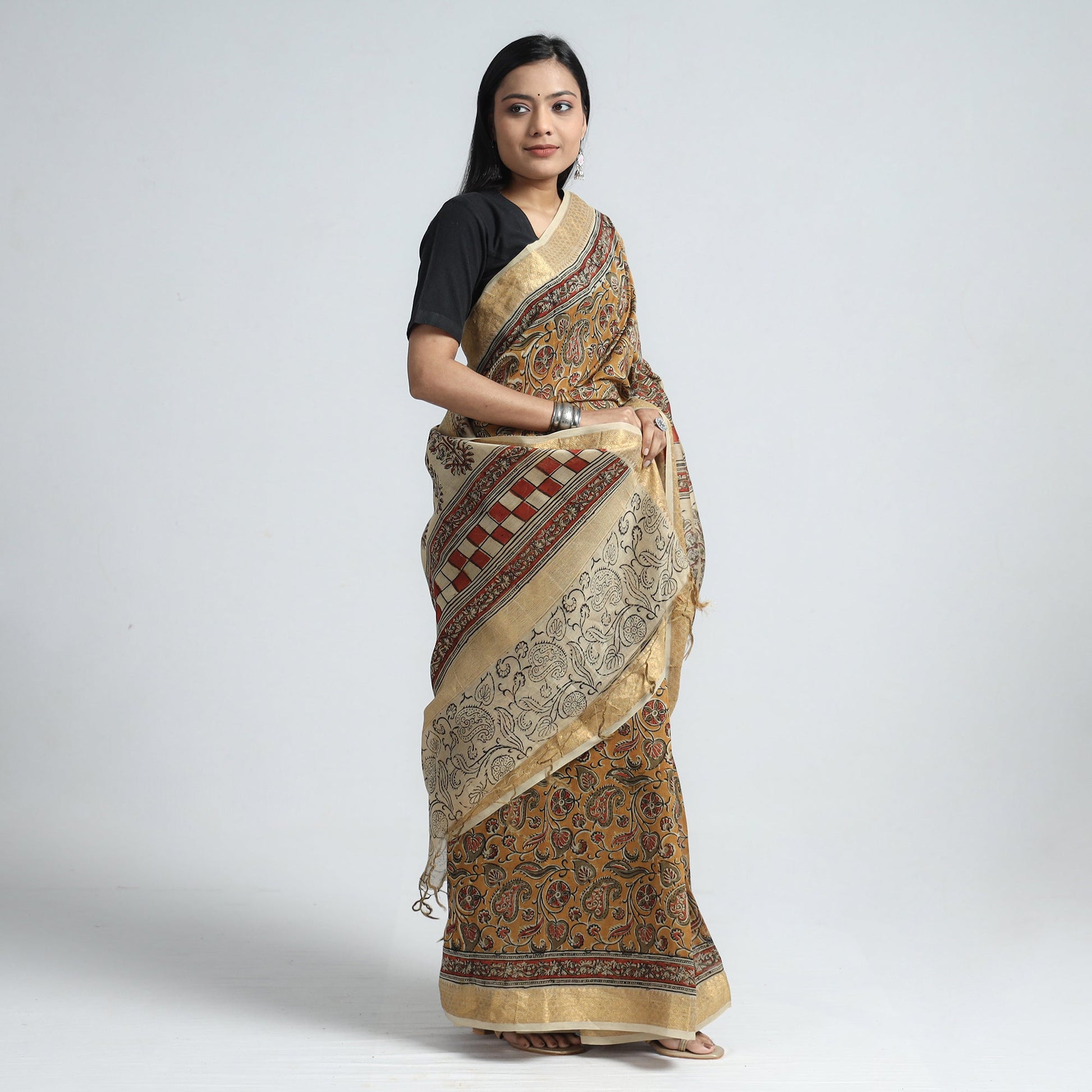 Brown - Original Pedana Kalamkari Block Print Silk Saree