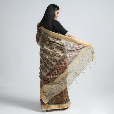 Brown - Original Pedana Kalamkari Block Print Silk Saree