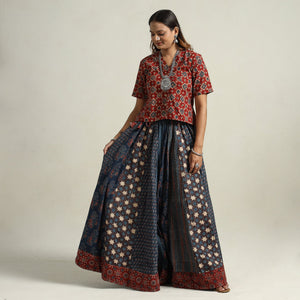 Blue - Ajrakh Block Printed 24 Kali Patchwork Cotton Long Skirt 19