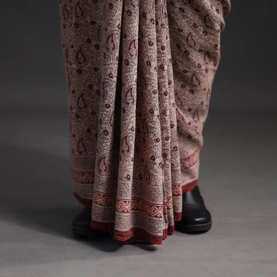 Brown - Handwoven Merino Wool Bagh Block Print Saree 01