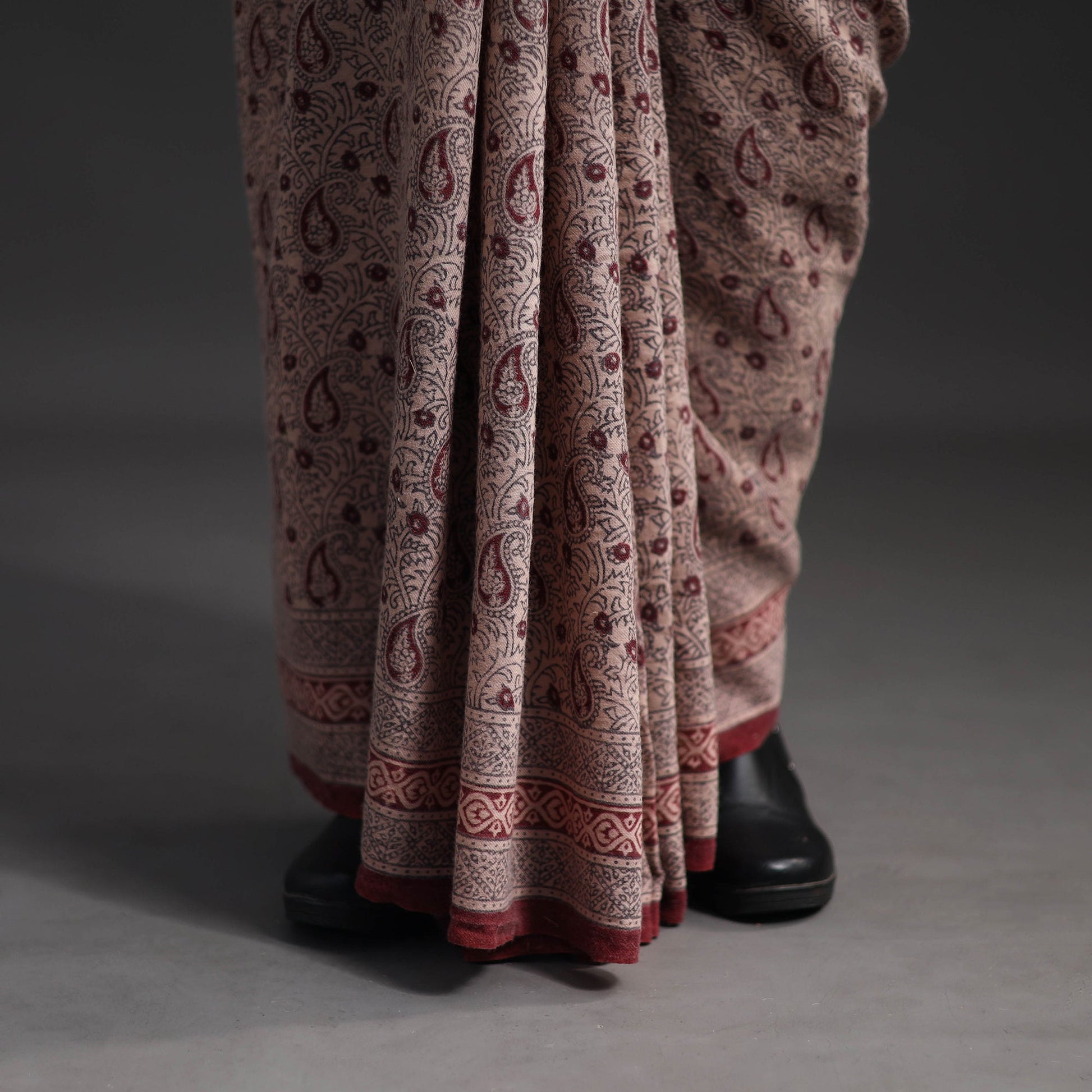 Brown - Handwoven Merino Wool Bagh Block Print Saree 01