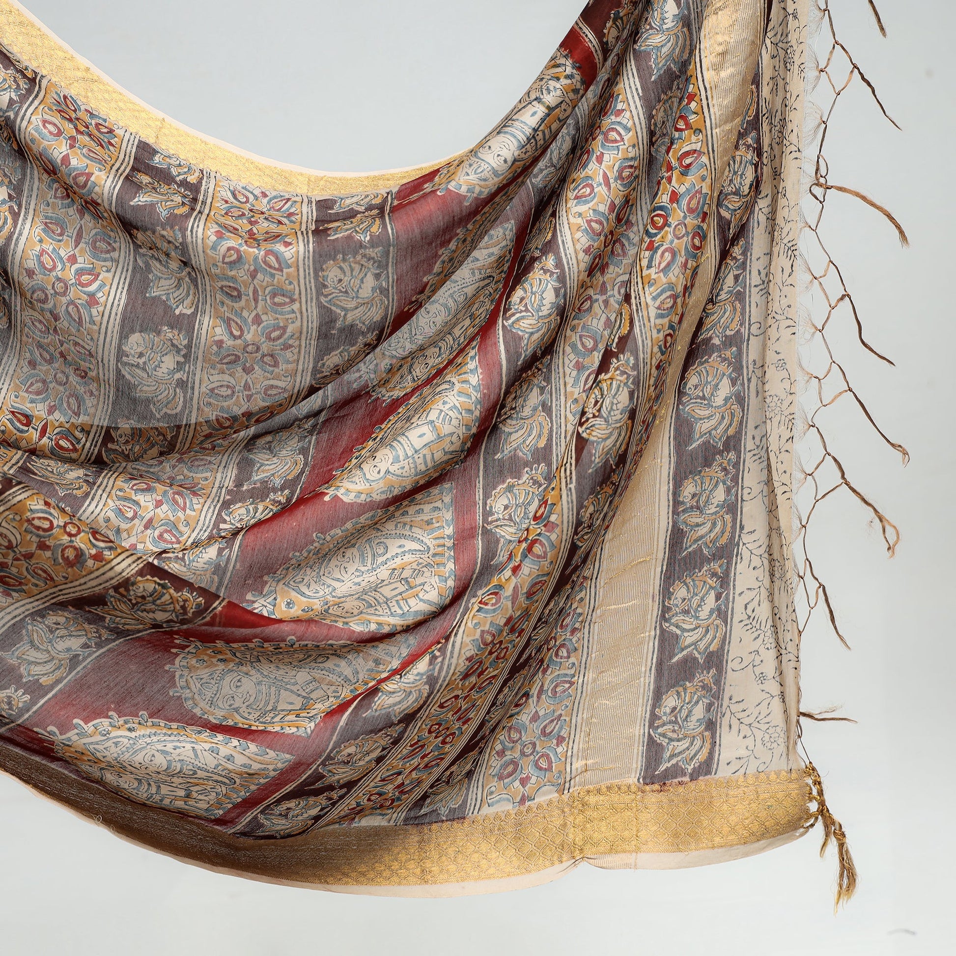 Brown - Original Pedana Kalamkari Block Print Silk Saree