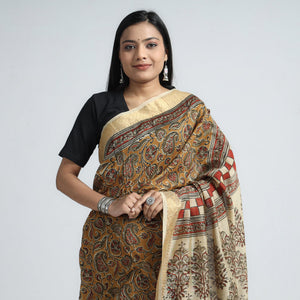 Brown - Original Pedana Kalamkari Block Print Silk Saree