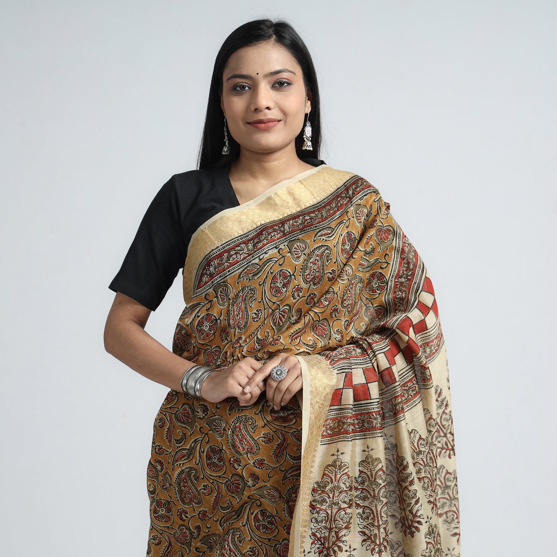 Brown - Original Pedana Kalamkari Block Print Silk Saree