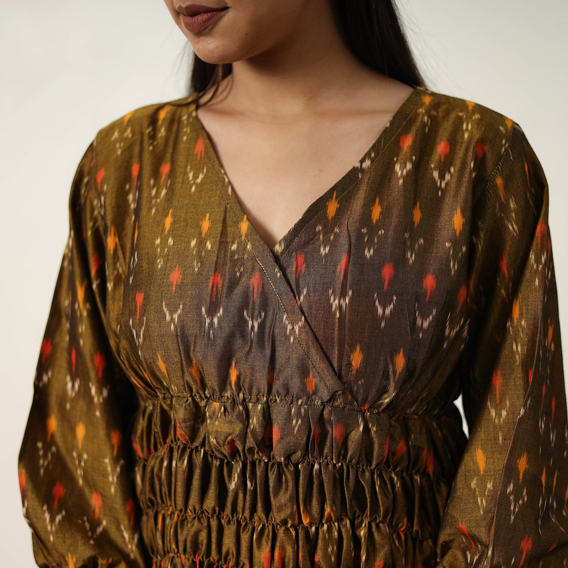 Brown - Mercerized Cotton Flared Pochampally Ikat Dress 07