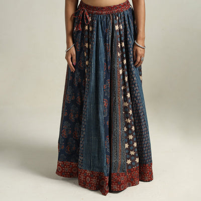 Blue - Ajrakh Block Printed 24 Kali Patchwork Cotton Long Skirt 19
