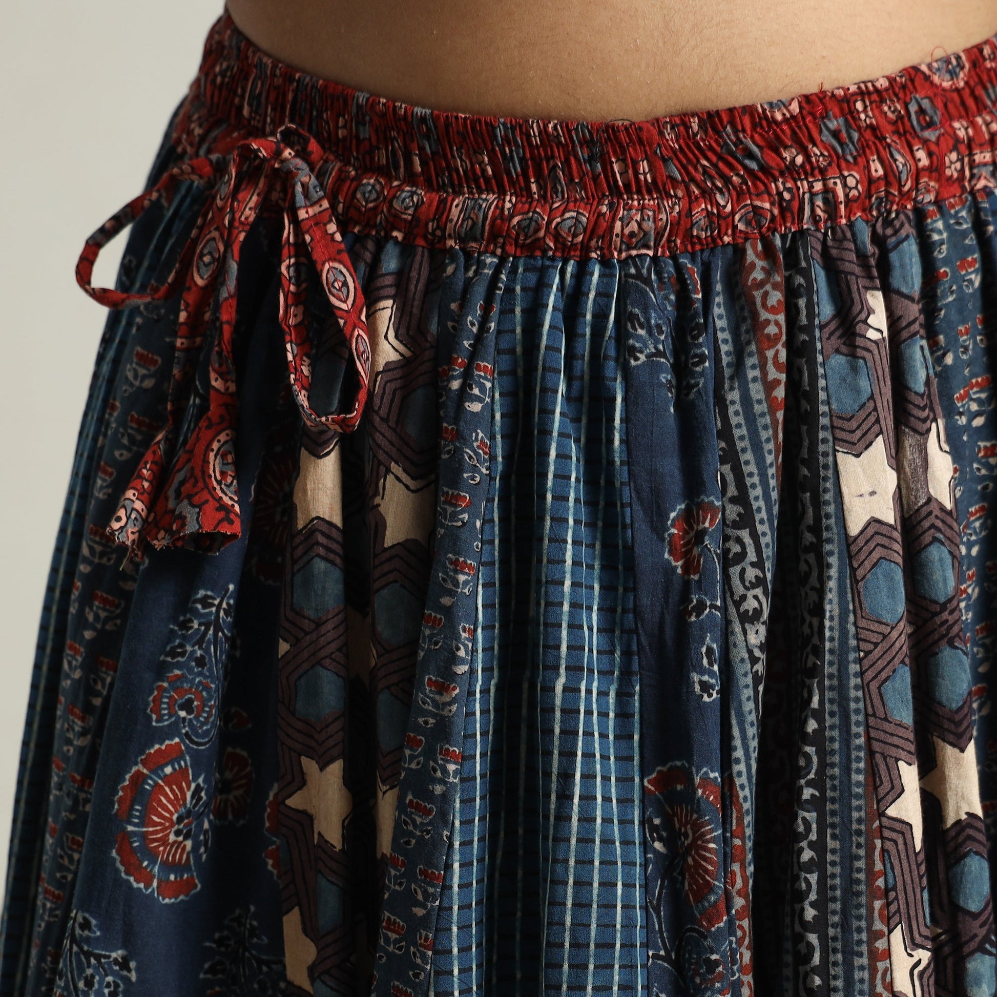 Blue - Ajrakh Block Printed 24 Kali Patchwork Cotton Long Skirt 19