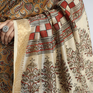 Brown - Original Pedana Kalamkari Block Print Silk Saree