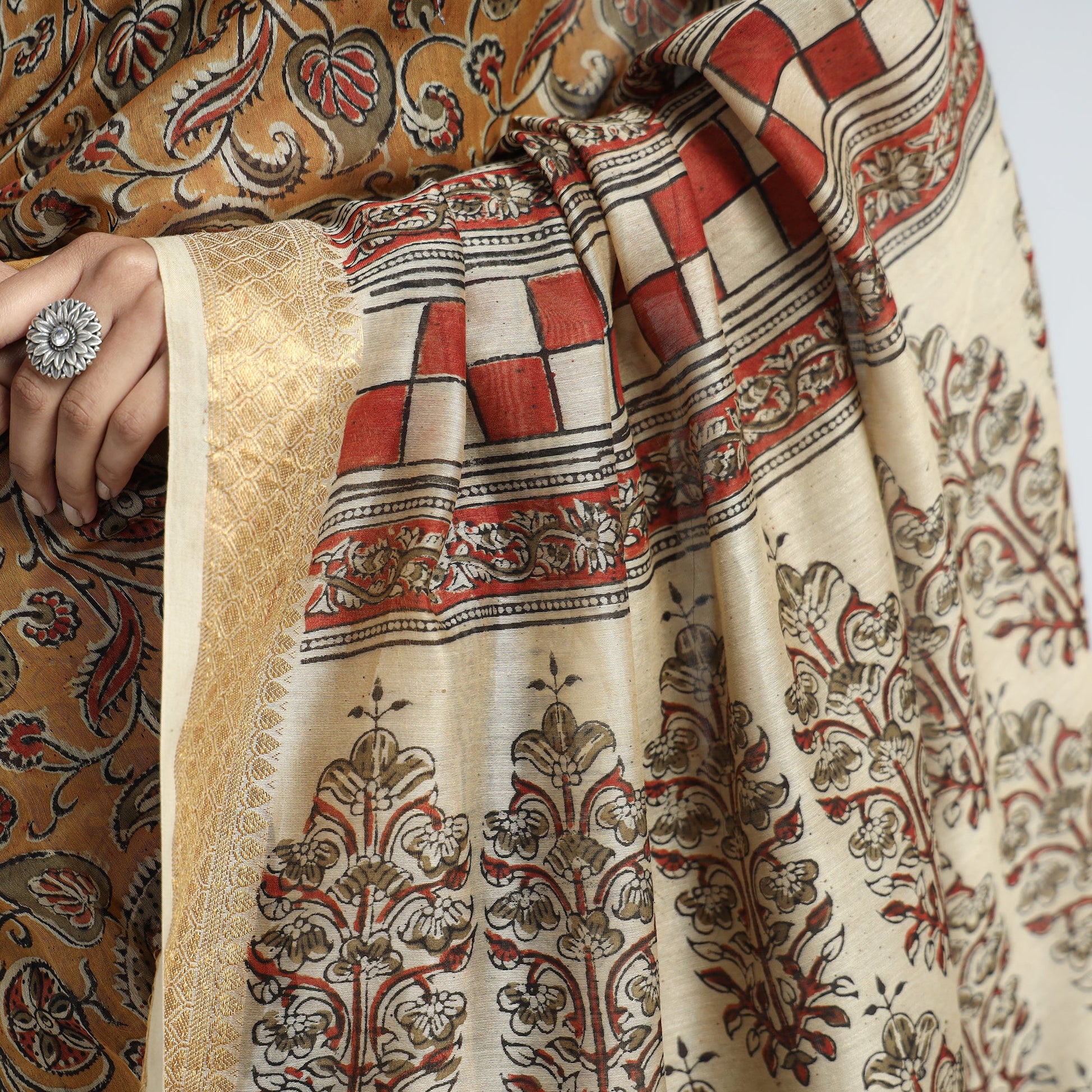 Brown - Original Pedana Kalamkari Block Print Silk Saree