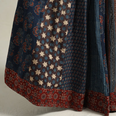 Blue - Ajrakh Block Printed 24 Kali Patchwork Cotton Long Skirt 19