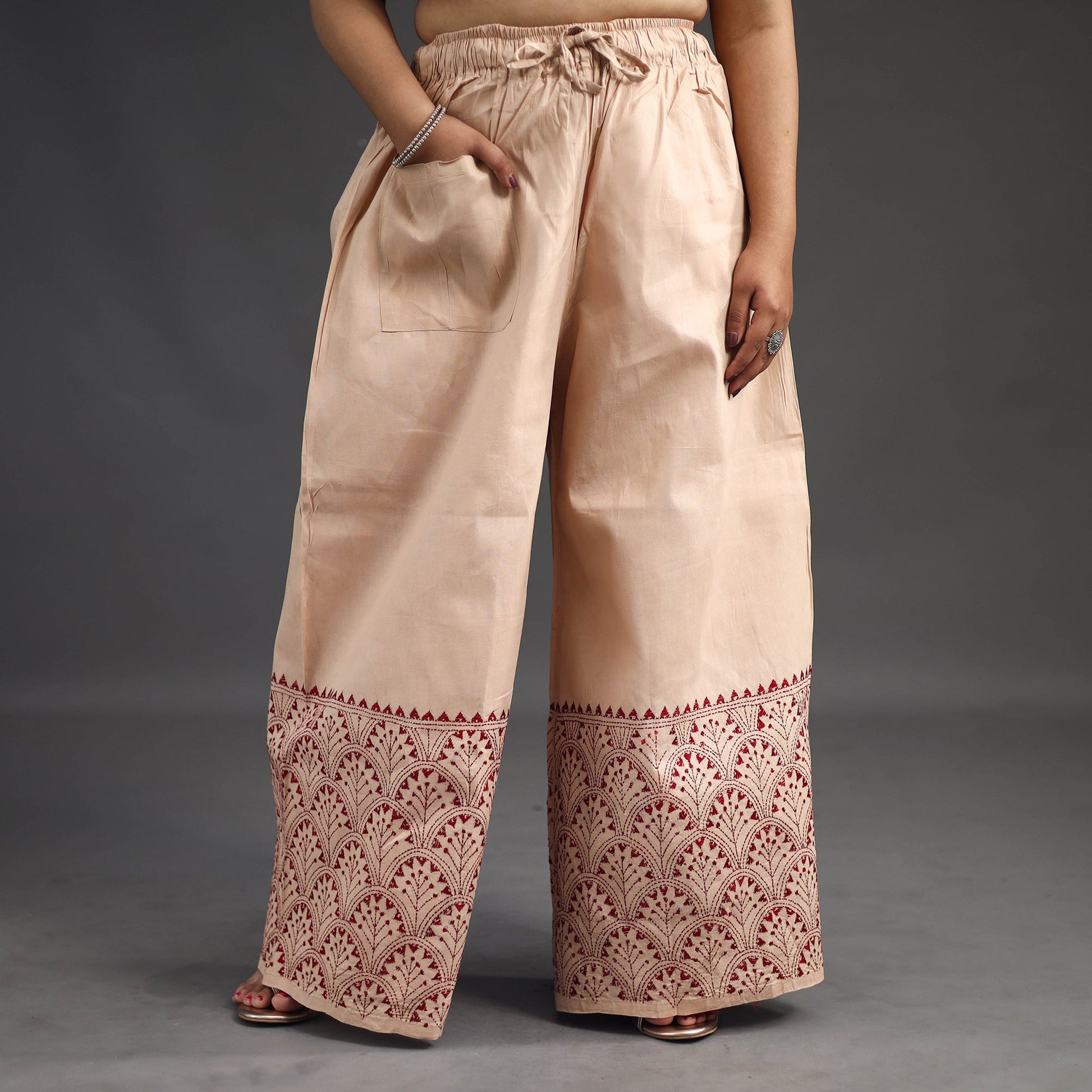 Beige - Kantha Hand Embroidery Palazzo in Cotton 60