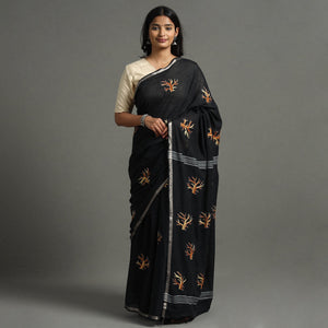 Black - Bengal Kantha Embroidery Handloom Cotton Saree