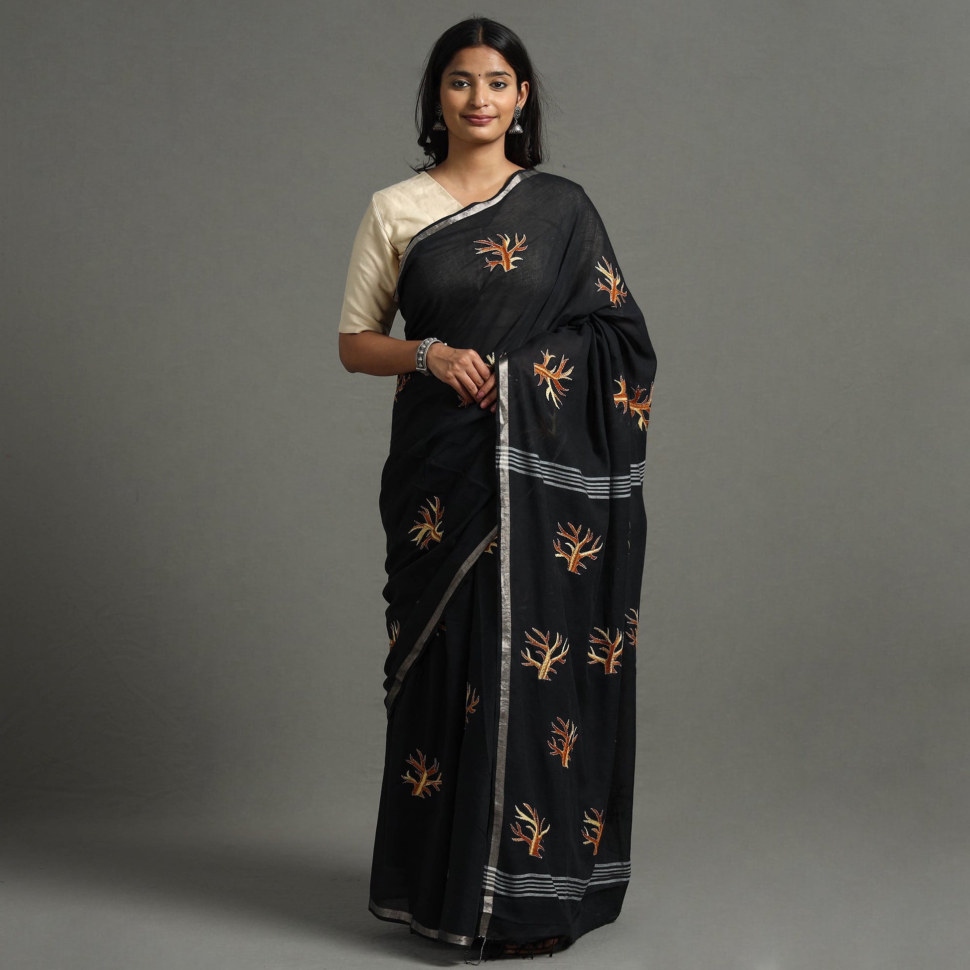 Black - Bengal Kantha Embroidery Handloom Cotton Saree