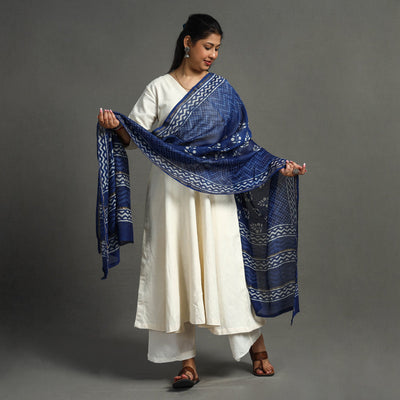 Blue - Hand Block Print Chanderi Silk Dabu Bagru Dupatta 70
