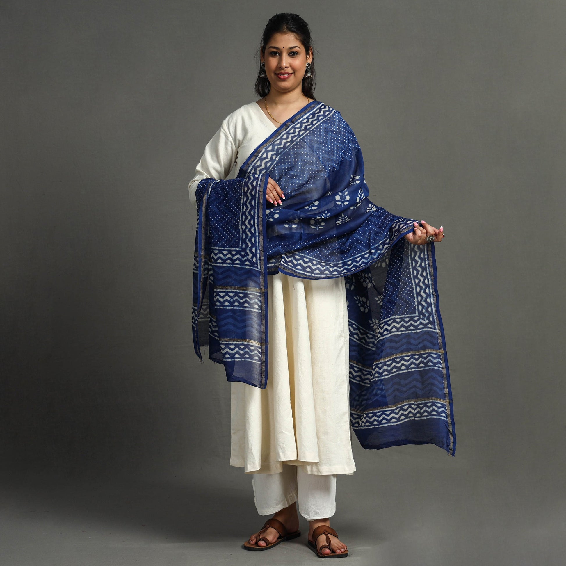 Blue - Hand Block Print Chanderi Silk Dabu Bagru Dupatta 70