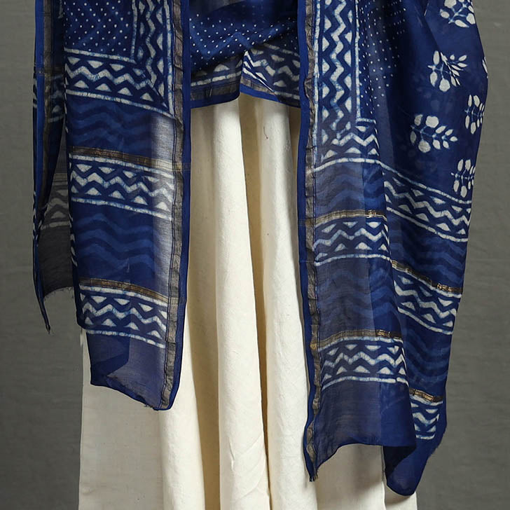 Blue - Hand Block Print Chanderi Silk Dabu Bagru Dupatta 70