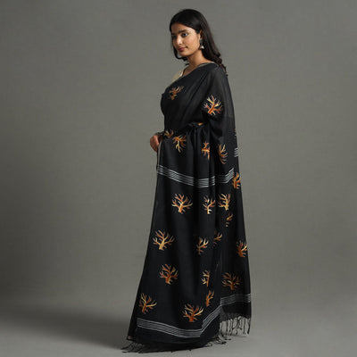Black - Bengal Kantha Embroidery Handloom Cotton Saree