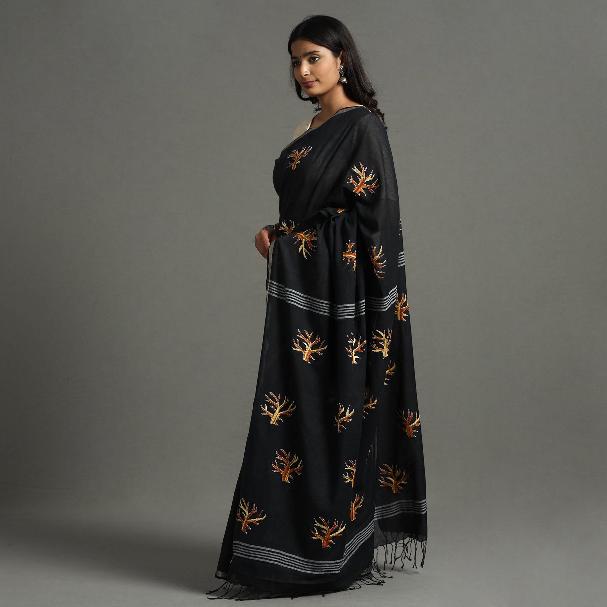 Black - Bengal Kantha Embroidery Handloom Cotton Saree
