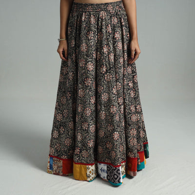 Black - Hand Block Printed Cotton Long Kalamkari Skirt 04