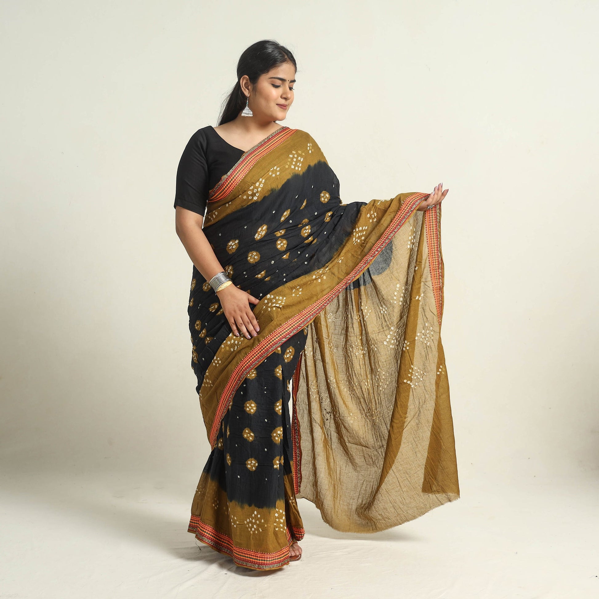 Black - Kutch Tie-Dye Cotton Bandhani Saree with Blouse Piece 51