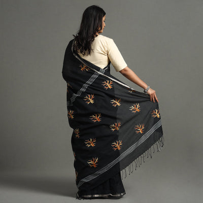 Black - Bengal Kantha Embroidery Handloom Cotton Saree