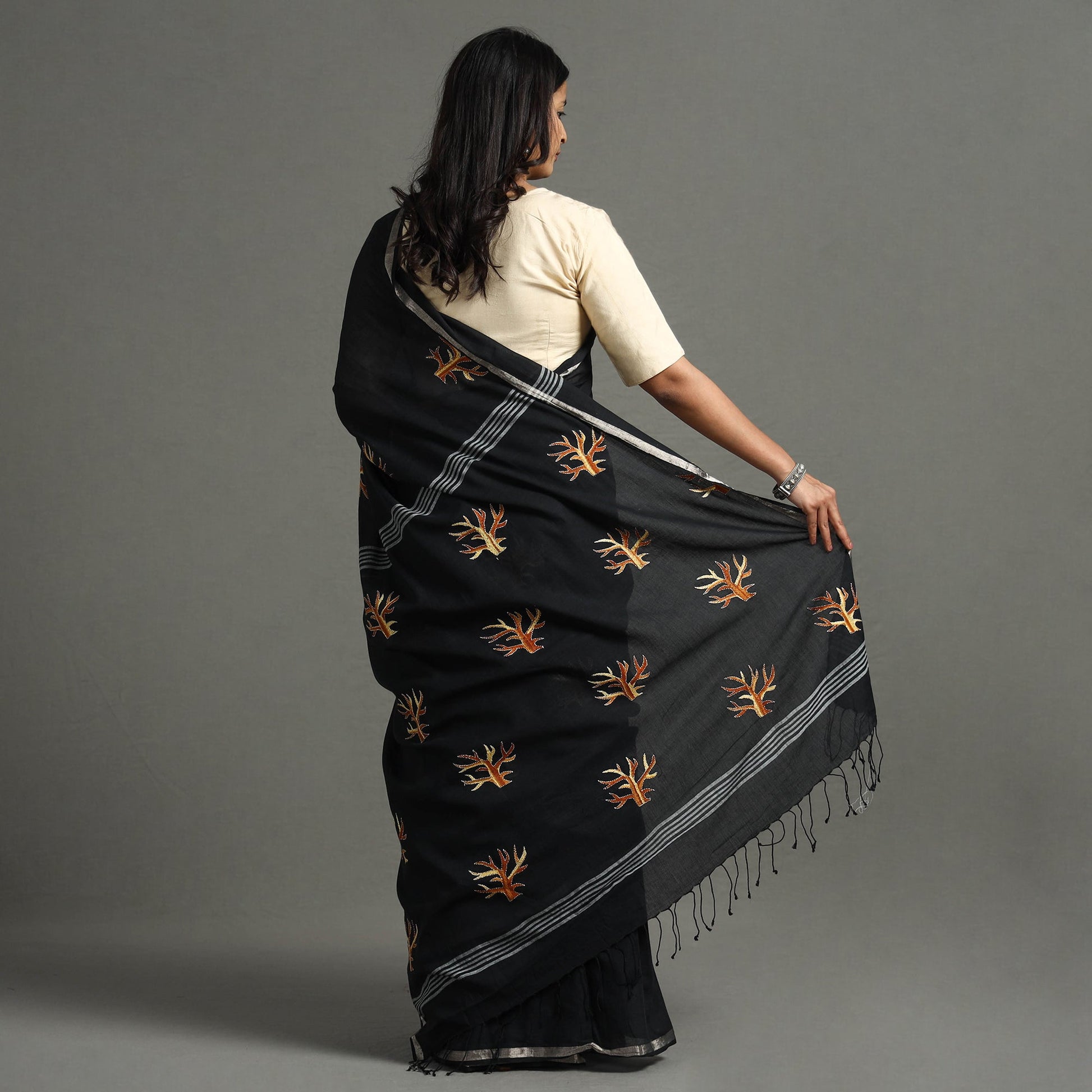 Black - Bengal Kantha Embroidery Handloom Cotton Saree