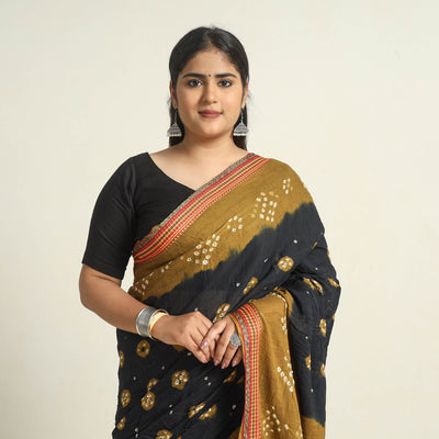 Black - Kutch Tie-Dye Cotton Bandhani Saree with Blouse Piece 51