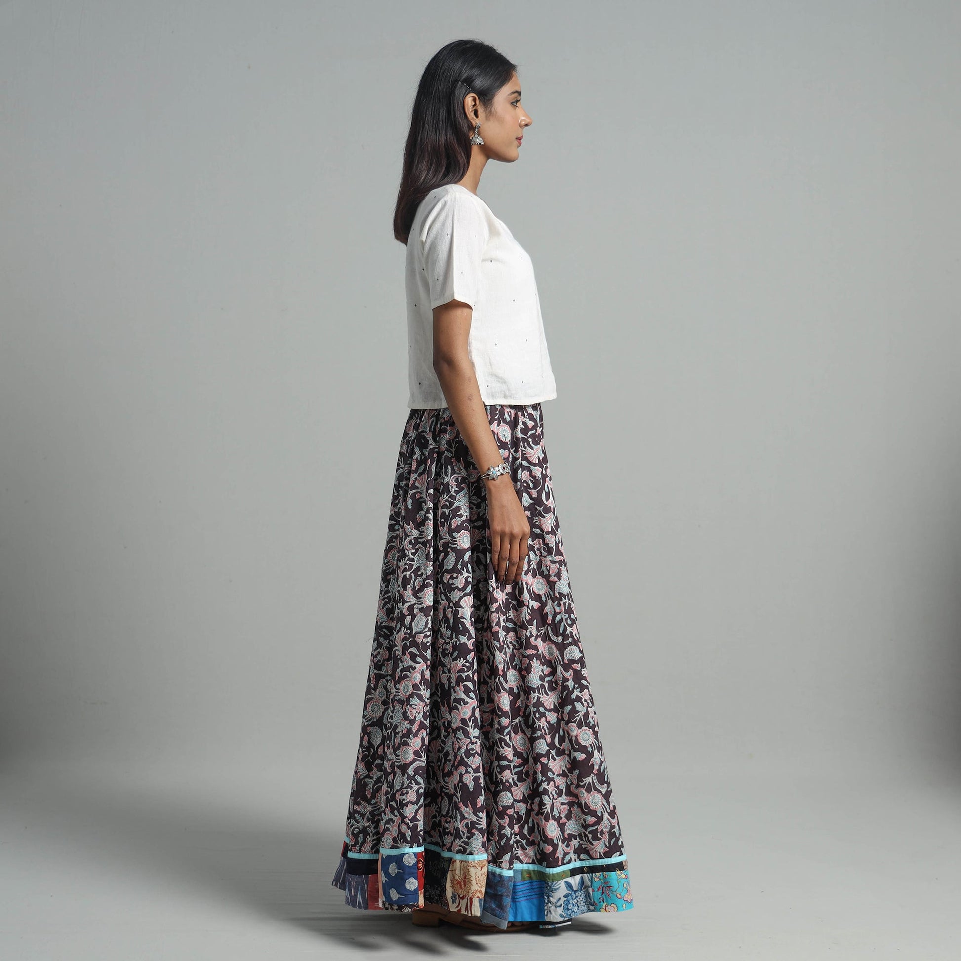 Brown - Sanganeri Block Print Cotton Long Skirt 13