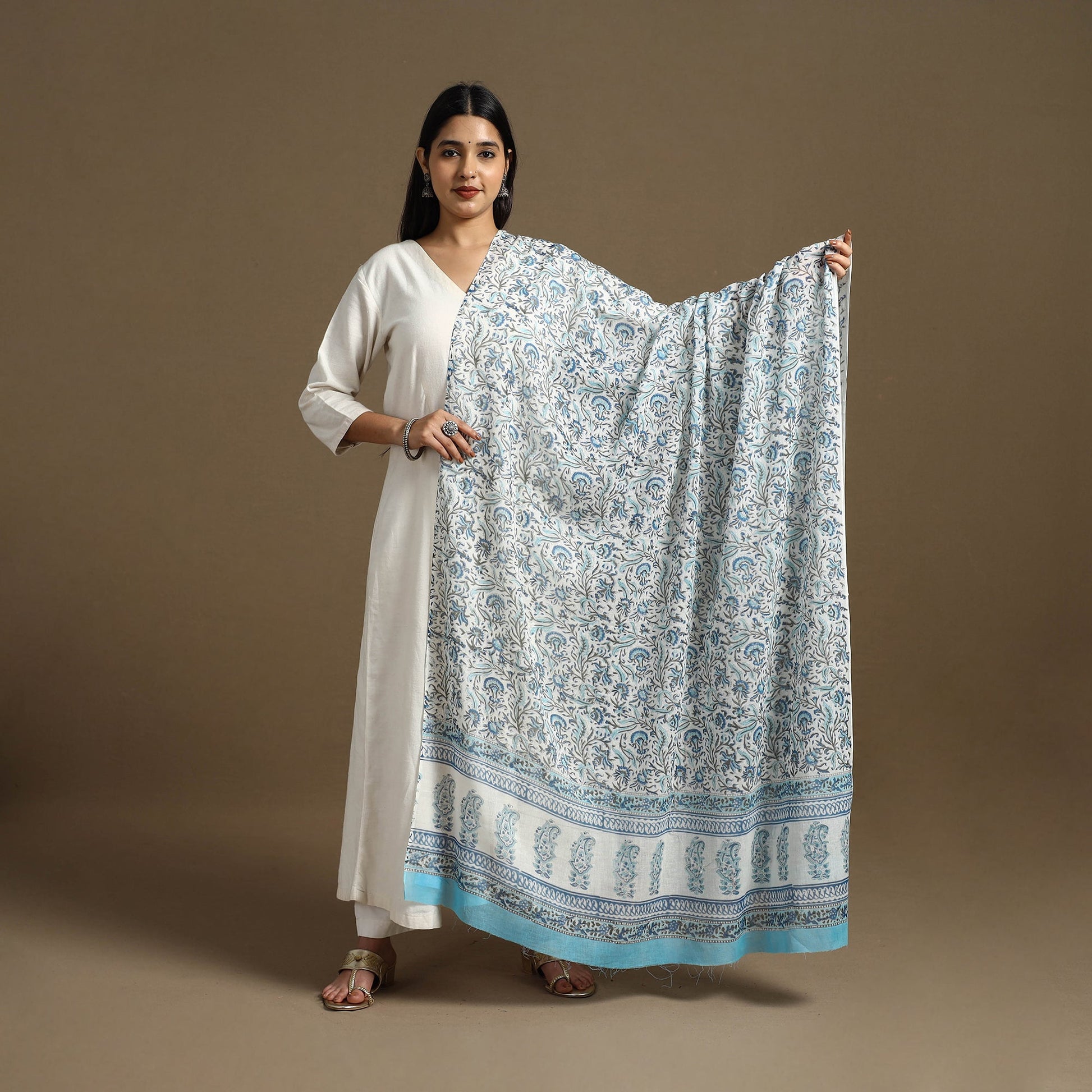 Blue - Block Print Mul Cotton Sanganeri Floral Dupatta 45