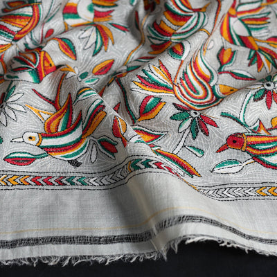 Beige - Handloom Tussar Silk Bengal Kantha Work Stole 05