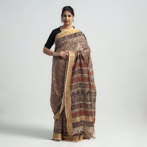 Brown - Original Pedana Kalamkari Block Print Silk Saree