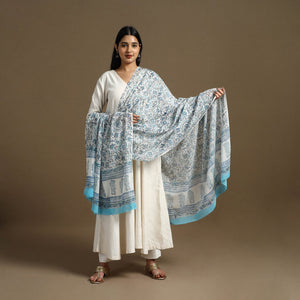 Blue - Block Print Mul Cotton Sanganeri Floral Dupatta 45