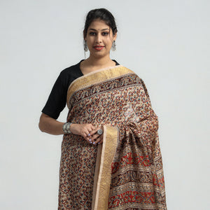 Brown - Original Pedana Kalamkari Block Print Silk Saree