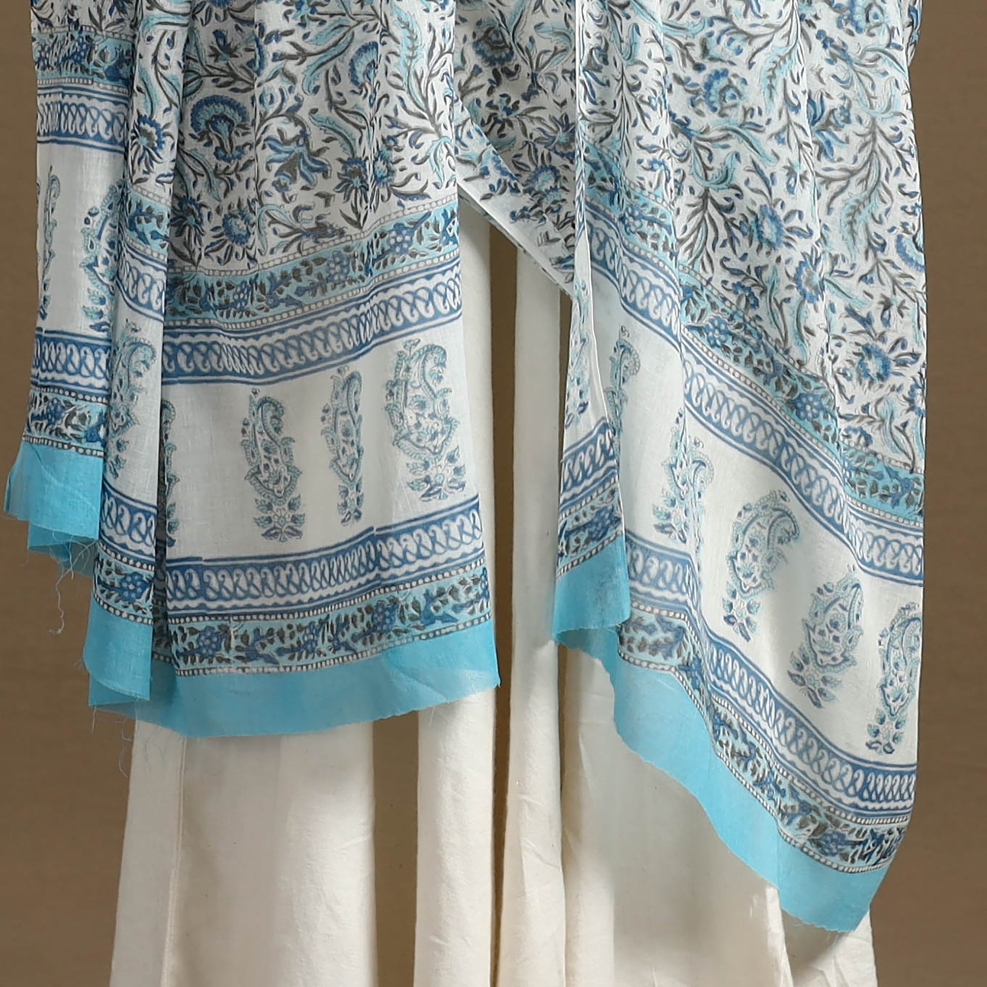 Blue - Block Print Mul Cotton Sanganeri Floral Dupatta 45