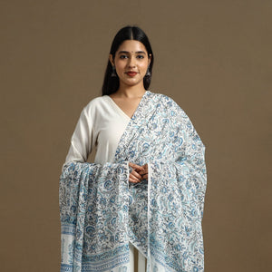 Blue - Block Print Mul Cotton Sanganeri Floral Dupatta 45