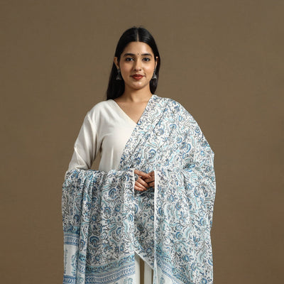 Blue - Block Print Mul Cotton Sanganeri Floral Dupatta 45