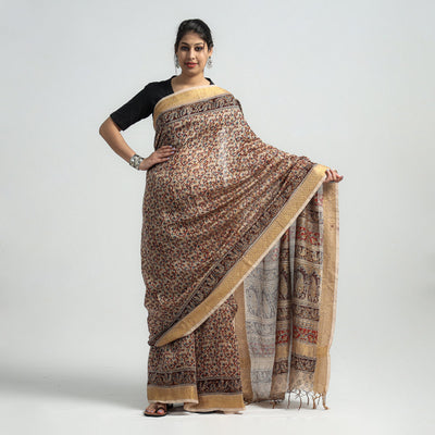 Brown - Original Pedana Kalamkari Block Print Silk Saree