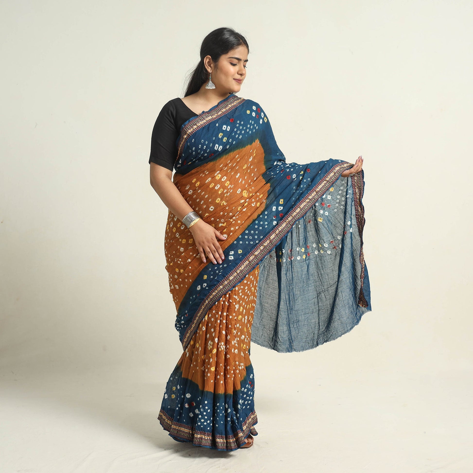 Brown - Kutch Tie-Dye Cotton Bandhani Saree with Blouse Piece 52