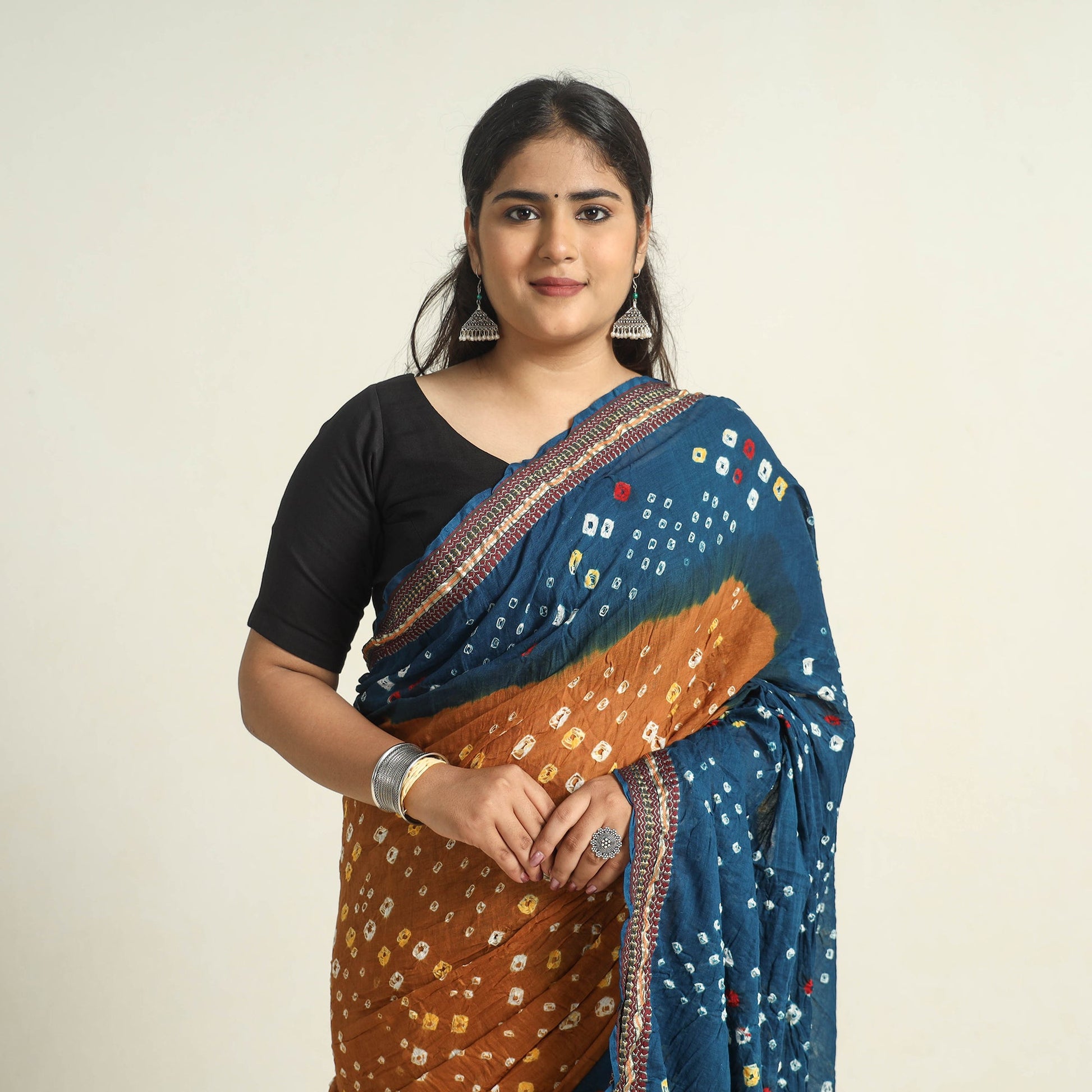 Brown - Kutch Tie-Dye Cotton Bandhani Saree with Blouse Piece 52