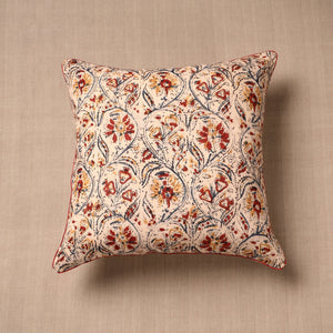 Beige - Block Print Cotton Kalamkari Cushion Cover (16 x 16 in)