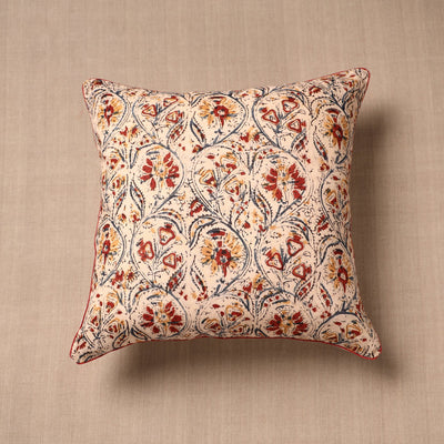 Beige - Block Print Cotton Kalamkari Cushion Cover (16 x 16 in)