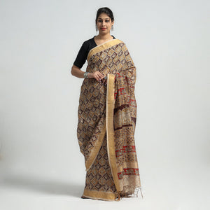 Brown - Original Pedana Kalamkari Block Print Silk Saree
