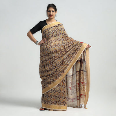 Brown - Original Pedana Kalamkari Block Print Silk Saree