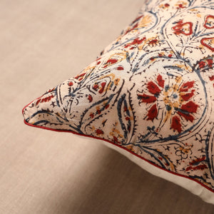 Beige - Block Print Cotton Kalamkari Cushion Cover (16 x 16 in)