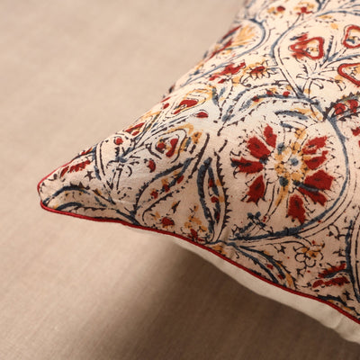 Beige - Block Print Cotton Kalamkari Cushion Cover (16 x 16 in)