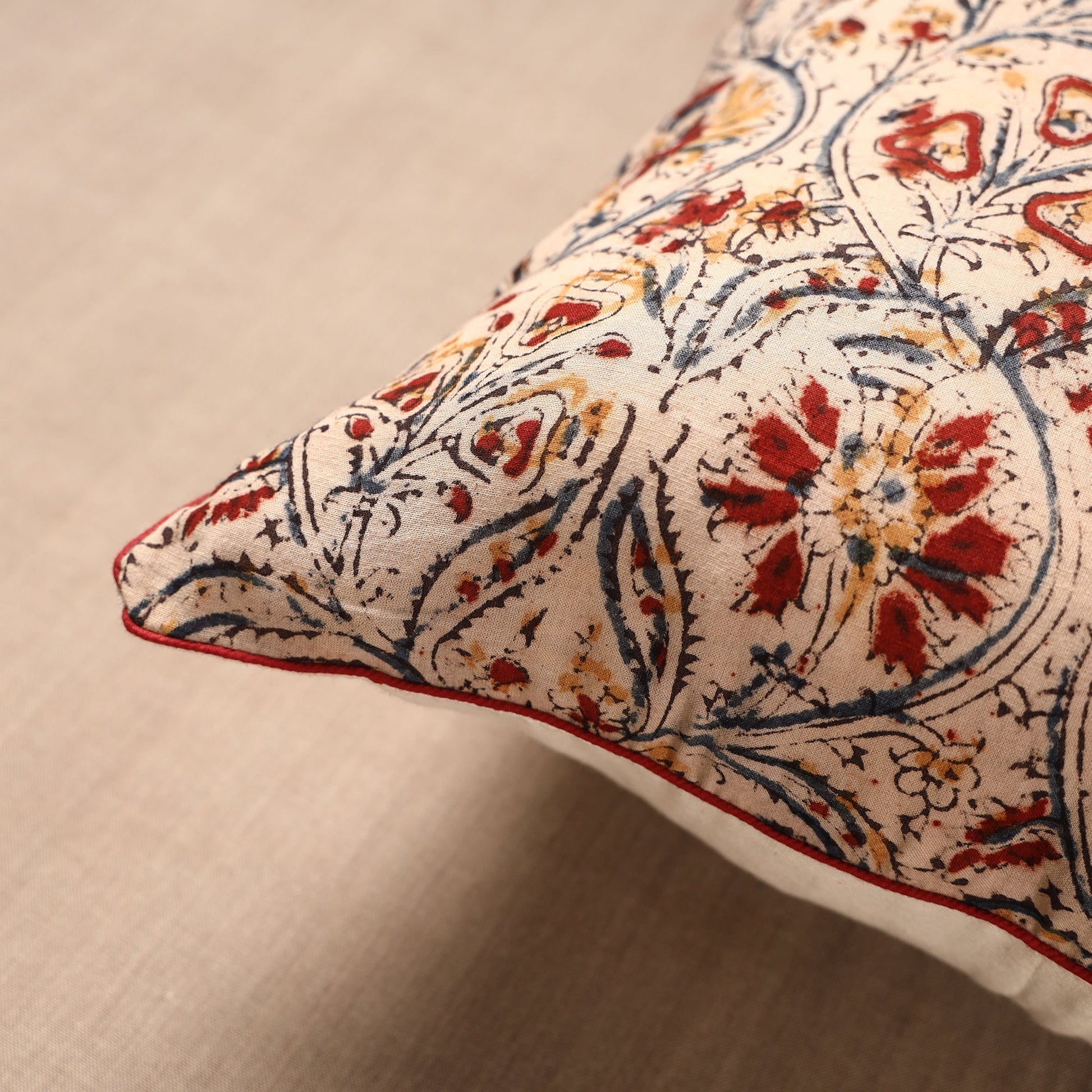 Beige - Block Print Cotton Kalamkari Cushion Cover (16 x 16 in)