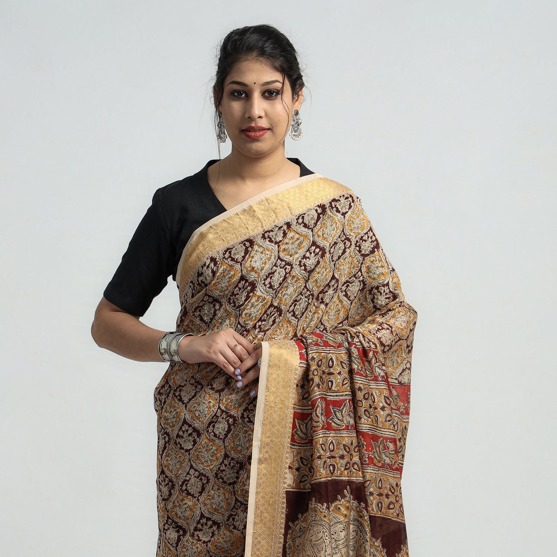 Brown - Original Pedana Kalamkari Block Print Silk Saree