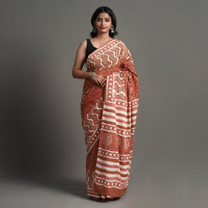 Brown - Bagru Dabu Block Printed Mul Cotton Saree