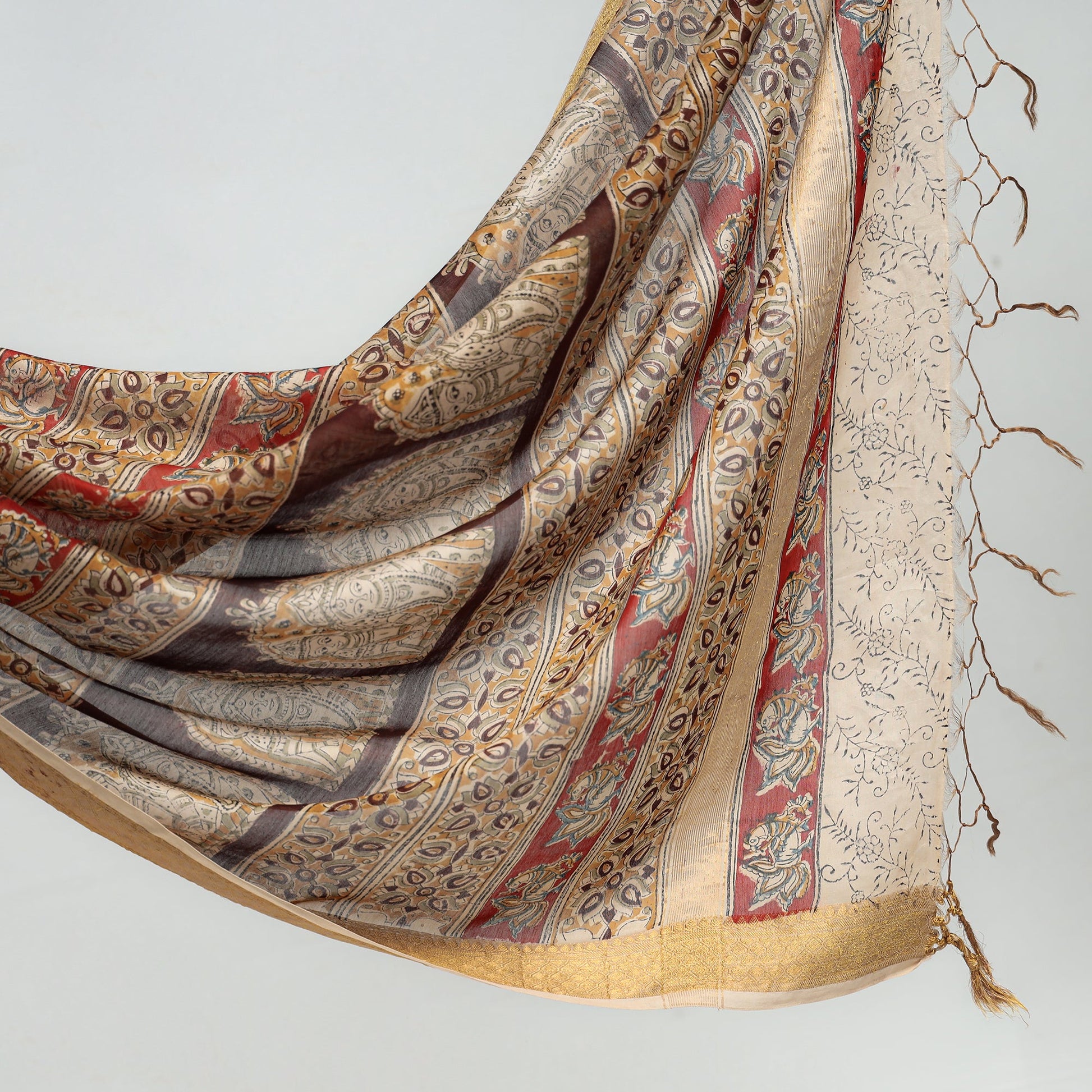 Brown - Original Pedana Kalamkari Block Print Silk Saree