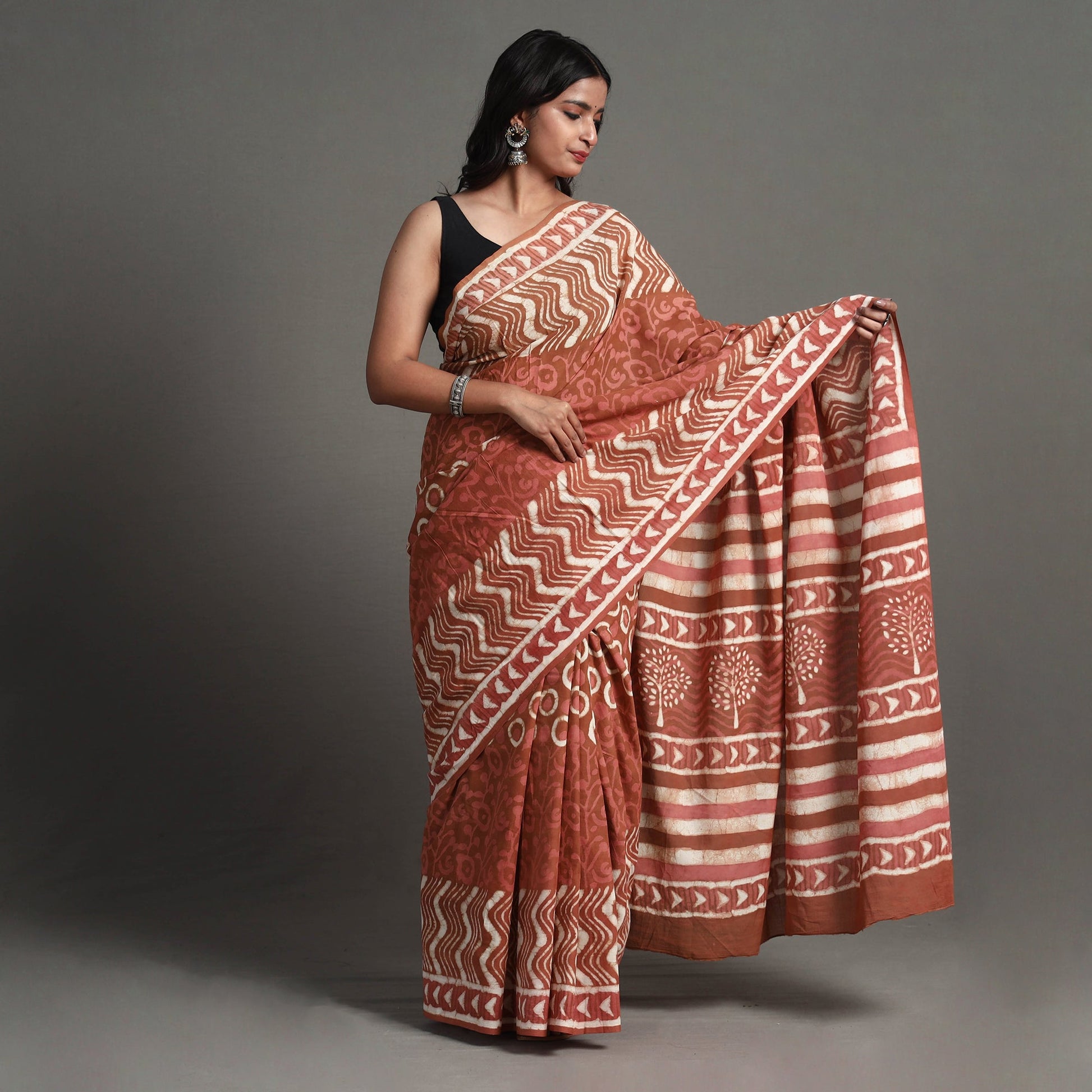 Brown - Bagru Dabu Block Printed Mul Cotton Saree